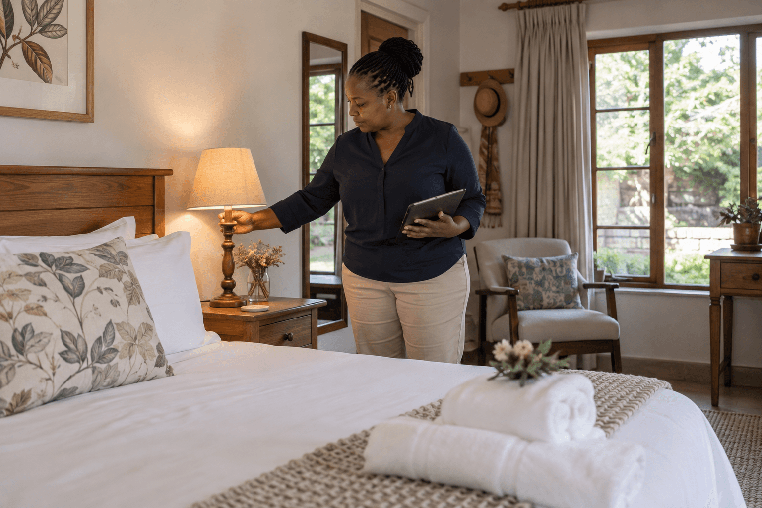 Guesthouse manager checking a bedside lamp during a final room inspection