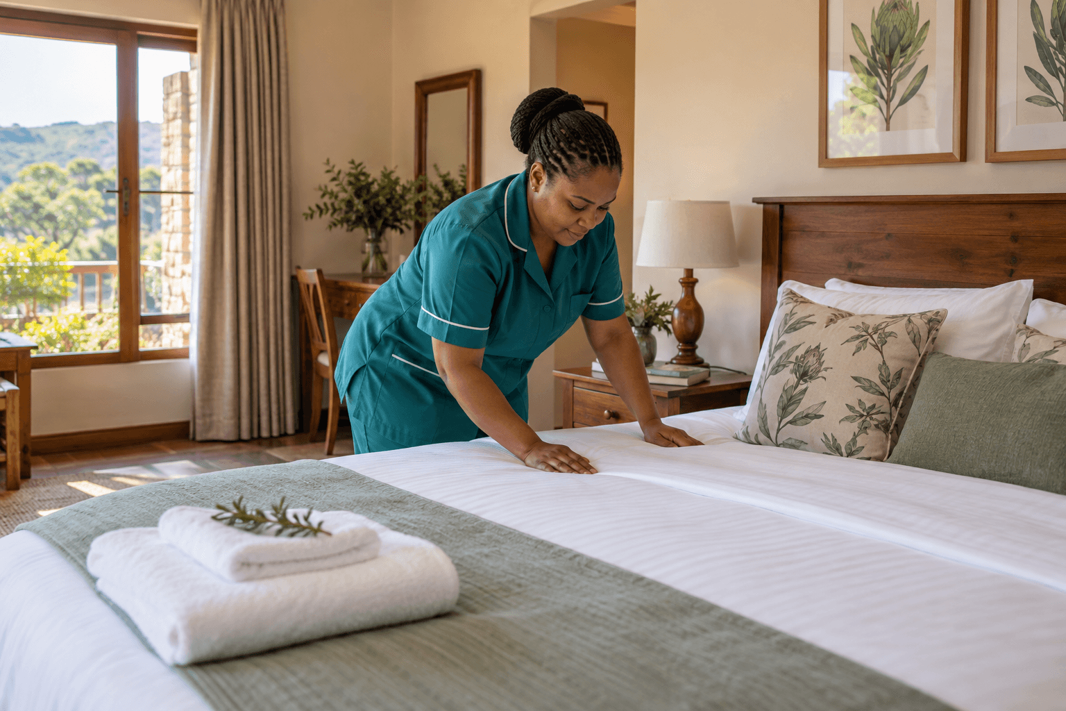 Housekeeper smoothing fresh linen while preparing a guestroom