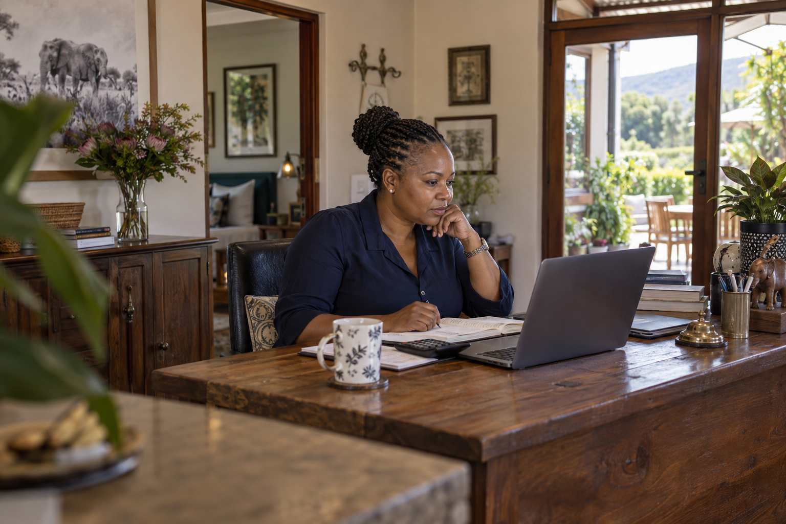 Guesthouse manager reviewing figures at the reception desk