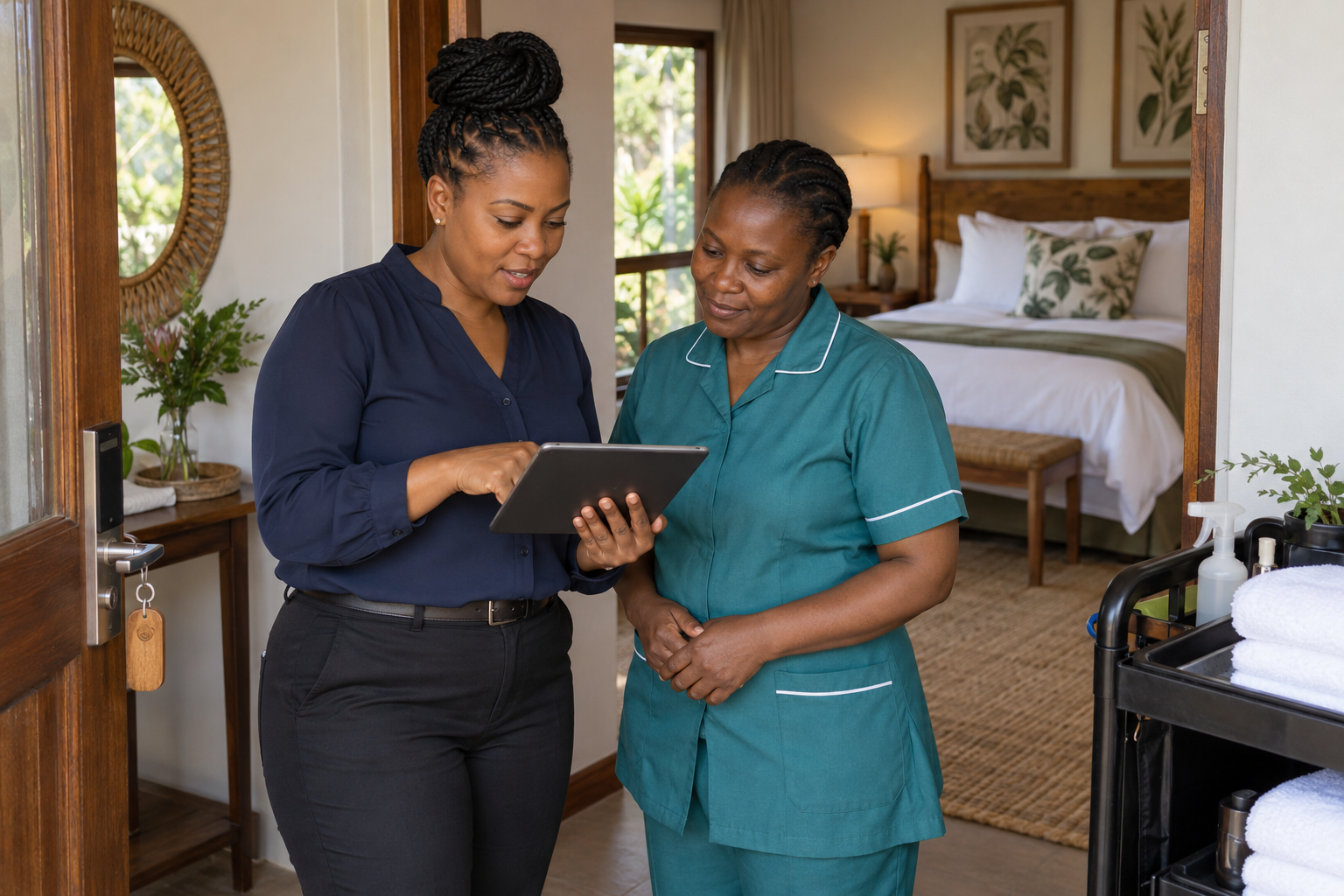 Reception manager and housekeeper reviewing a room handover together